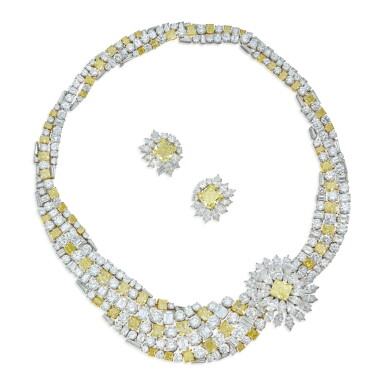 View full screen - View 1 of Lot 71. Colored Diamond and Diamond Necklace and Pair of Earclips.