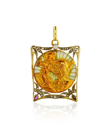 View full screen - View 1 of Lot 36. Pendentif émail, rubis et diamants | Enamel, ruby and diamond pendant.