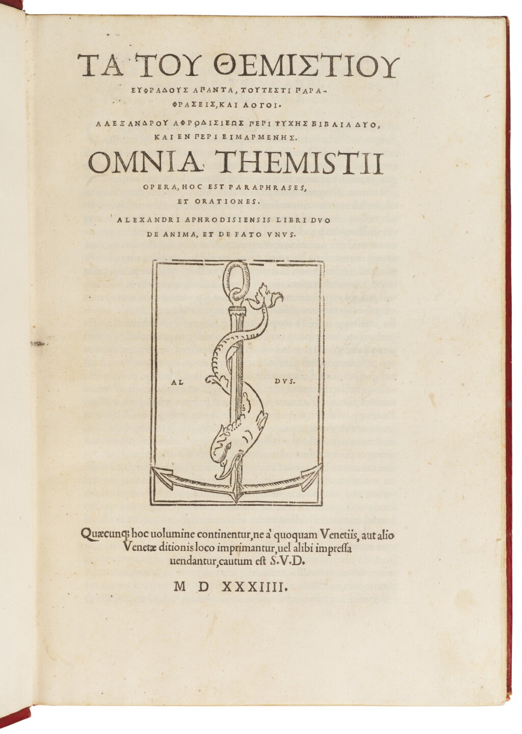 View full screen - View 1 of Lot 228. Themistius, Opera, Venice, Aldus, 1534, straight-grained red morocco gilt, Spranger copy.