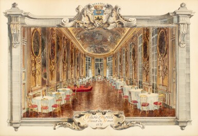View full screen - View 1 of Lot 1003. Dinner on 31 May 1951 in the Galerie d'Hercule of the Hôtel Lambert, view of the Galerie and list of the guests | Dîner du 31 mai 1951 dans la Galerie d'Hercule de l'Hôtel Lambert, vue de la galerie et liste des invités.