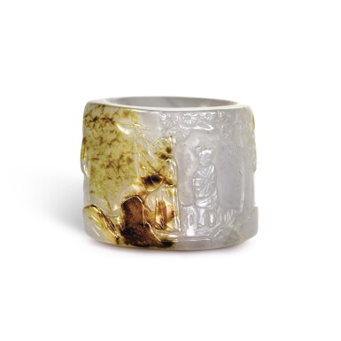 View full screen - View 1 of Lot 231. A WHITE AND RUSSET JADE THUMB RING, QING DYNASTY, 18TH/19TH CENTURY | 清十八/十九世紀 白玉帶皮米芾拜石圖扳指.