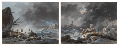 View full screen - View 1 of Lot 607. A shipwreck on a rocky coast during a storm; A shipwreck on a coast during a storm, a lighthouse beyond.