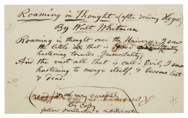 View full screen - View 1 of Lot 169. Whitman, Walt | "I must show perfect blood, the great heroic gentleman".