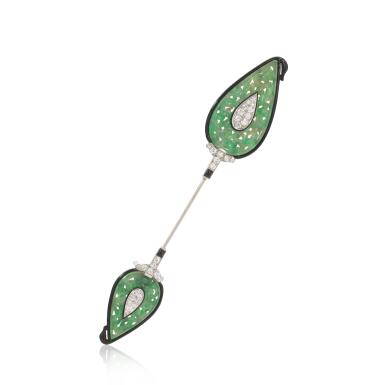 View full screen - View 1 of Lot 1057. Jadeite, onyx and diamond jabot brooch, circa 1930.