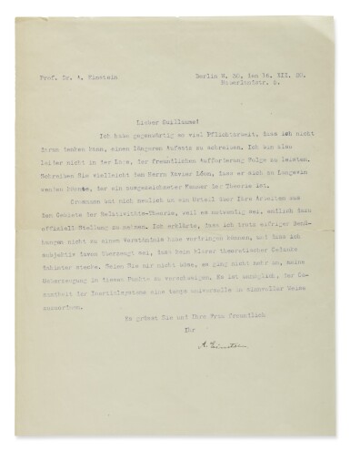 View full screen - View 1 of Lot 12. EINSTEIN TLS TO CHARLES EDOUARD GUILLAUME, FEUDING OVER THE THEORY OF RELATIVITY. 1 P. 16 DEC 1920..