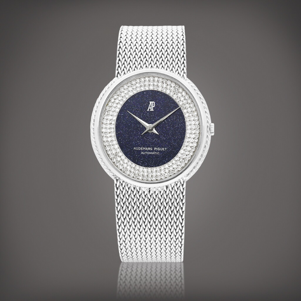 View full screen - View 1 of Lot 8704. Reference 554 | A white gold and diamond-set bracelet watch with aventurine dial, Circa 1978 | 愛彼 | 型號554 | 白金鑲鑽石鏈帶腕錶,備砂金石錶盤,約1978年製.