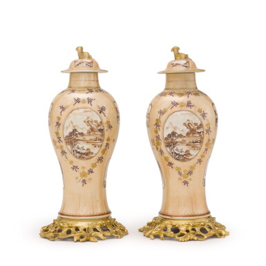 View full screen - View 1 of Lot 243. A pair of ormolu-mounted sepia-ground baluster vases and covers the porcelain Qing dynasty, late 18th century.