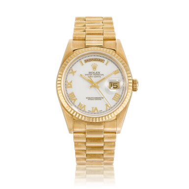 View full screen - View 1 of Lot 38. Day-Date, Ref. 18238 | A yellow gold wristwatch with day, date and bracelet | Circa 1995.