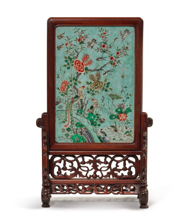 View full screen - View 1 of Lot 560. A famille-verte 'birds and flowers' table screen, Qing dynasty, 19th century.