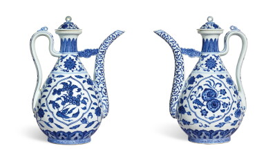 View full screen - View 1 of Lot 3618. A rare pair of Ming-style blue and white ewers and covers Seal marks and period of Qianlong | 清乾隆 青花開光花果紋執壺一對 《大清乾隆年製》款.