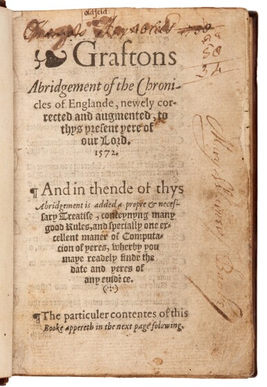 View full screen - View 1 of Lot 132. Grafton, Graftons abridgement of the chronicles of Englande, London, 1572, old calf.