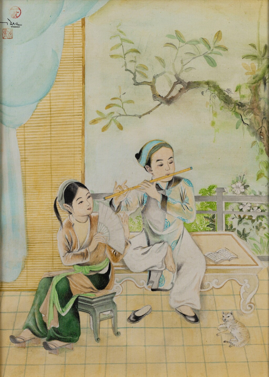 View full screen - View 1 of Lot 13. Tran Dac (1922-1980), Musician couple with a cat | 陳達 (1922-1980), 樂手與貓.
