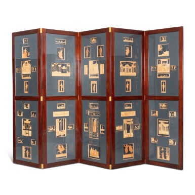 View full screen - View 1 of Lot 384. A mahogany and mahogany veneered five-leaf screen, 19th century | Paravent en acajou et placage d'acajou à cinq feuilles, XIXe siècle.