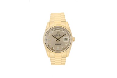 View full screen - View 1 of Lot 459. ROLEX | REFERENCE 118238 DAY-DATE A YELLOW GOLD AUTOMATIC WRISTWATCH WITH DAY, DATE AND BRACELET, CIRCA 2002 .