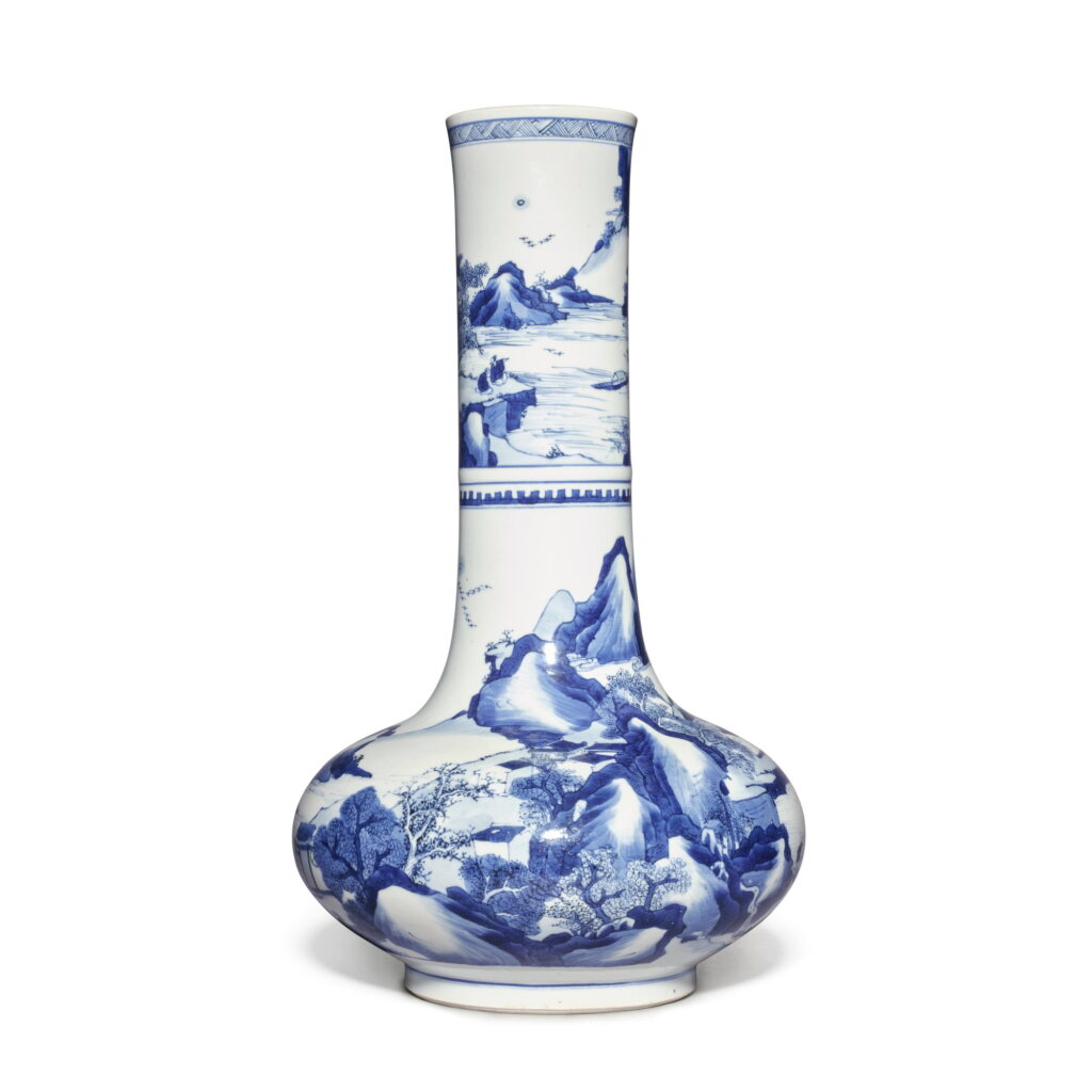 View full screen - View 1 of Lot 390. A blue and white 'landscape' bottle vase, Qing dynasty, Kangxi period | 清康熙 青花山水人物圖長頸瓶.