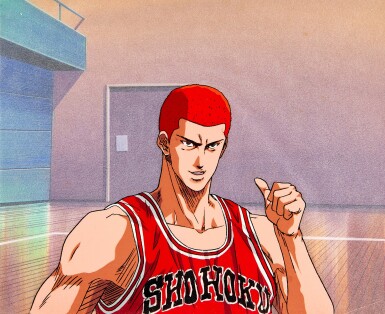 View full screen - View 1 of Lot 47. Hanamichi Sakuragi Animation Cel with Hand-painted Original Background | 櫻木花道賽璐璐,附手繪原裝背景.