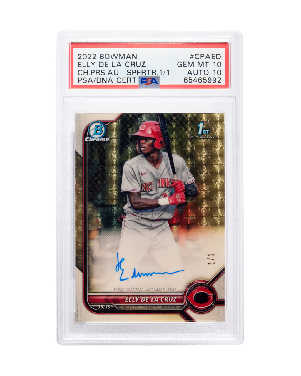 View full screen - View 1 of Lot 19. 2022 Bowman Chrome 1st Bowman Prospect Autograph Superfractor #CPA-ED Elly De La Cruz - PSA 10 & PSA/DNA Autograph 10 | 1 of 1 | On-Card Autograph.