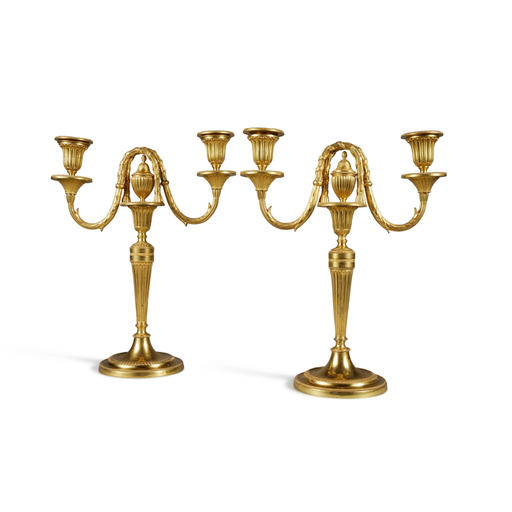 View full screen - View 1 of Lot 60. A Pair of George III Gilt Bronze Three-Light Candelabra in the Manner Of Matthew Boulton , Late 18th Century.