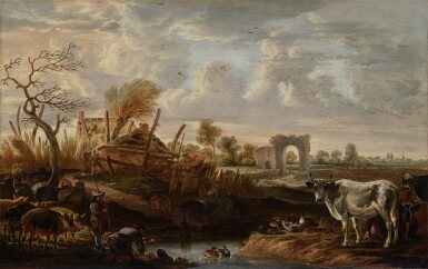 View full screen - View 1 of Lot 365. Landscape with farmhands and livestock.
