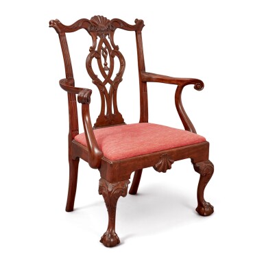 View full screen - View 1 of Lot 1686. CHIPPENDALE SHELL-CARVED MAHOGANY OPEN ARMCHAIR, PHILADELPHIA, CIRCA 1765.