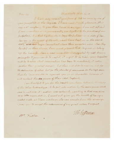 View full screen - View 1 of Lot 1137. Jefferson, Thomas | "your torpedoes will be to cities what vaccination has been to mankind.".
