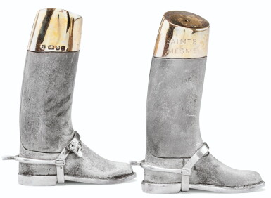 View full screen - View 1 of Lot 110. A BRITISH SALT-CELLAR AND PEPPER-CELLAR SHAPED AS HUNTING BOOTS, LONDON, 1993 | SALIÈRE ET POIVRIÈRE EN ARGENT EN FORME DE BOTTE DE CHASSE, LONDRES, 1993.