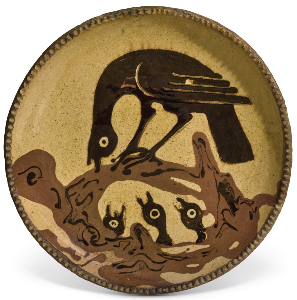 View full screen - View 1 of Lot 121. ATTR. BERNARD LEACH | EARTHENWARE DISH WITH BIRD FEEDING ITS YOUNG .