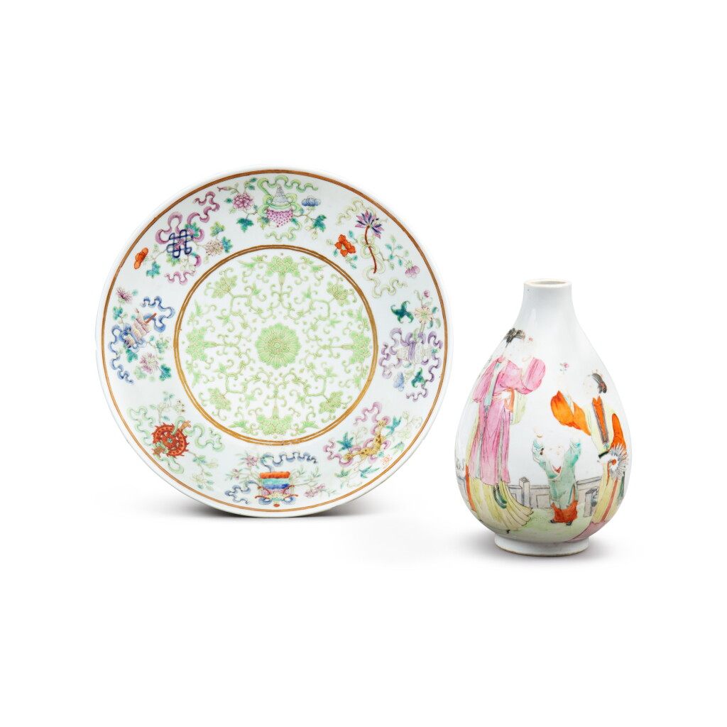View full screen - View 1 of Lot 225. A famille-rose bottle vase and a famille rose 'bajixiang' dish, Vase: Qing dynasty 19th century; Dish: mark and period of Guangxu | 清乾隆 粉彩人物故事圖瓶 《大清乾隆年製》款 及 清光緒 粉彩八吉祥紋盤 《大清光緒年製》款.