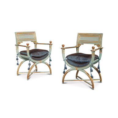 View full screen - View 1 of Lot 1065. WINDSOR: A Pair of Empire Style Parcel-Gilt and Blue-Painted Curule Form Fauteuils, Probably by Maison Jansen.