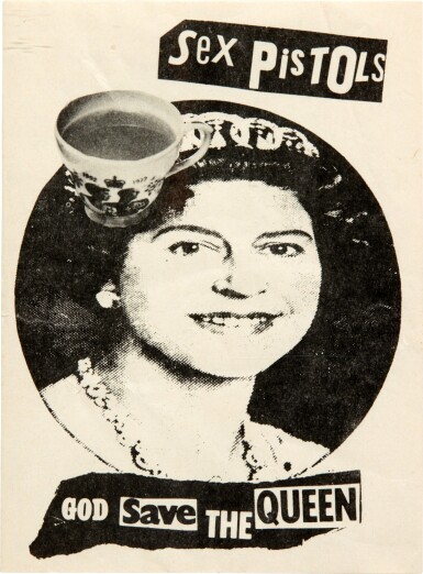 View full screen - View 1 of Lot 33. Jamie Reid | God Save the Queen sticker with tea-cup.