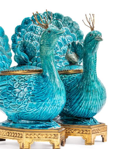 View full screen - View 1 of Lot 68. A pair of Louis XVI gilt-bronze mounted turquoise-glazed 'peacock" porcelain covered jars, the porcelain Kangxi period (1662-1722), the mounts late 18th century.