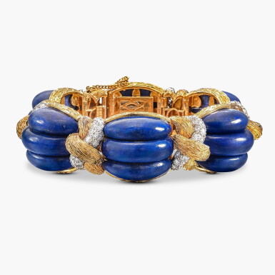 View full screen - View 1 of Lot 1217. Gold, Lapis Lazuli and Diamond Bangle | K金 配 青金石 及 鑽石 手鐲.