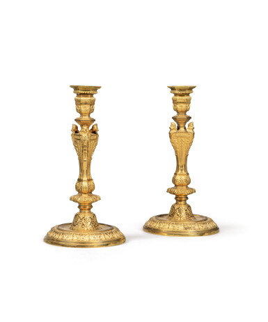 View full screen - View 1 of Lot 130. A PAIR OF RÉGENCE STYLE GILT-BRONZE CANDLESTICKS, SECOND HALF OF 19TH CENTURY | PAIRE DE FLAMBEAUX EN BRONZE DORÉ DE STYLE RÉGENCE, SECONDE MOITIÉ DU XIXE SIÈCLE.