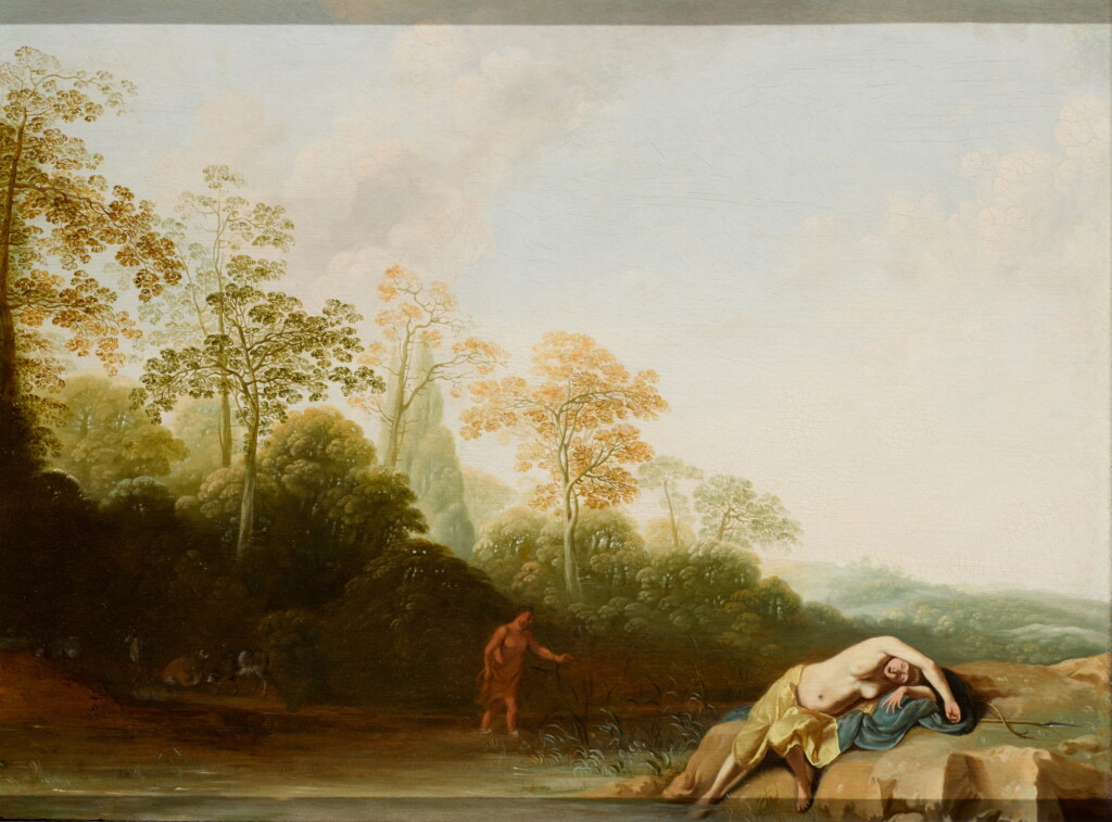 View full screen - View 1 of Lot 65. FOLLOWER OF CORNELIS VAN POELENBURCH | A wooded landscape with a nymph resting beside a river.