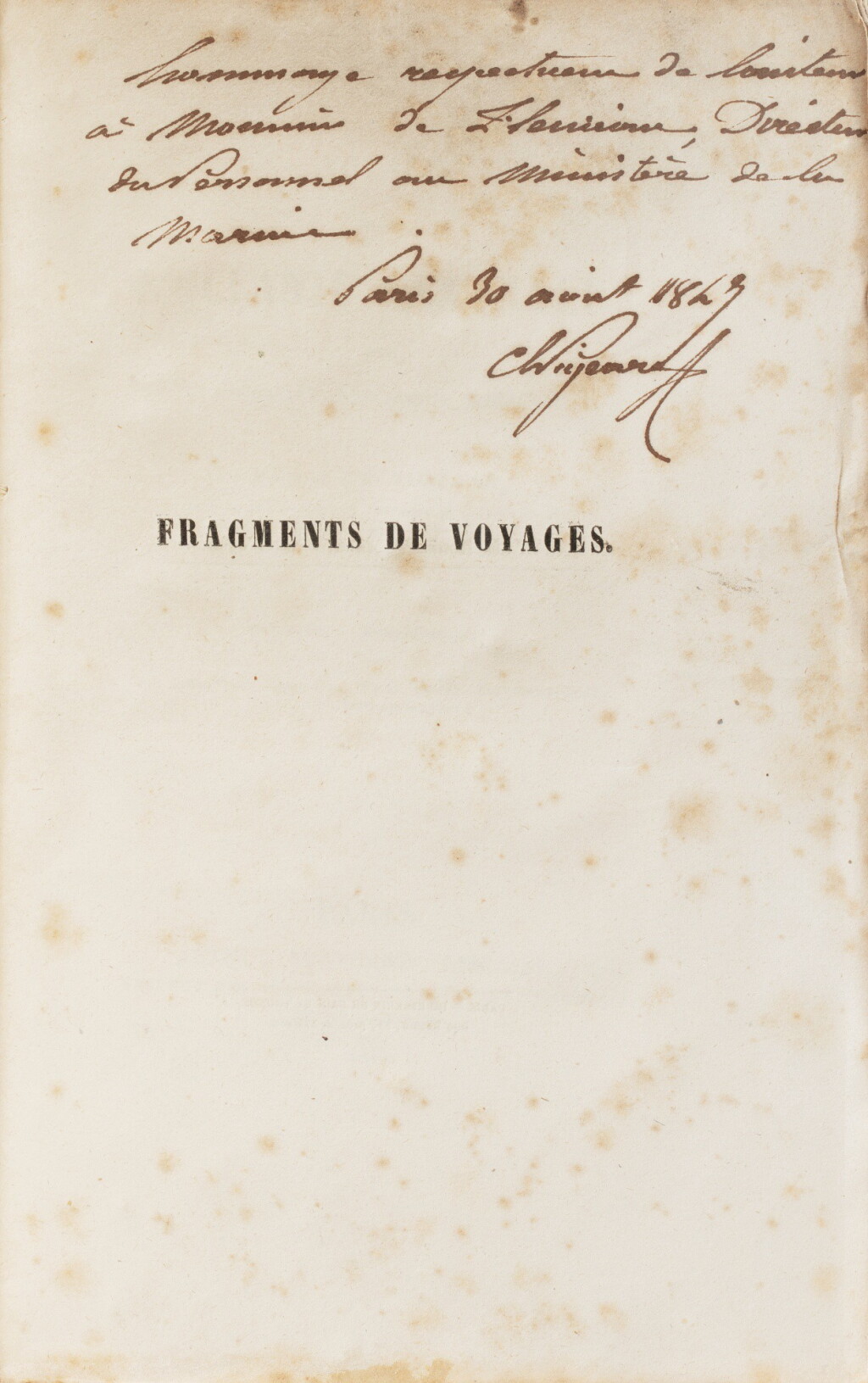 View full screen - View 1 of Lot 54. PIGEARD. Voyage dans l'Océanie centrale sur ... Le Bucéphale. 1847. In-8, broché.Edition originale. Envoi a.s..