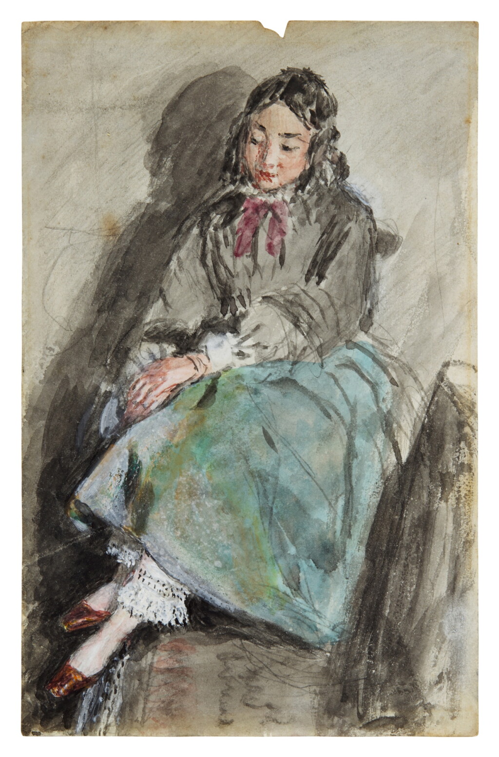 View full screen - View 1 of Lot 752. A seated young girl wearing a blue dress and red shoes.