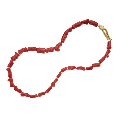 View full screen - View 1 of Lot 345. Gold, Coral and Diamond Necklace.