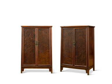 View full screen - View 1 of Lot 3677. A pair of huanghuali and burlwood cabinets, miantiaogui, Ming dynasty, 17th century | 明十七世紀 黃花梨嵌癭木面條櫃一對.
