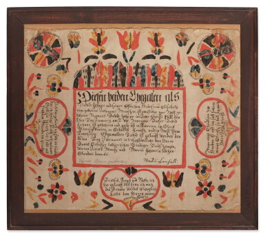 View full screen - View 1 of Lot 261. Fraktur Birth and Baptismal Certificate of David Zehner, Martin Brechall (c. 1757–1831), West Penn Township, Schuylkill County, Pennsylvania, Circa January 2, 1812.