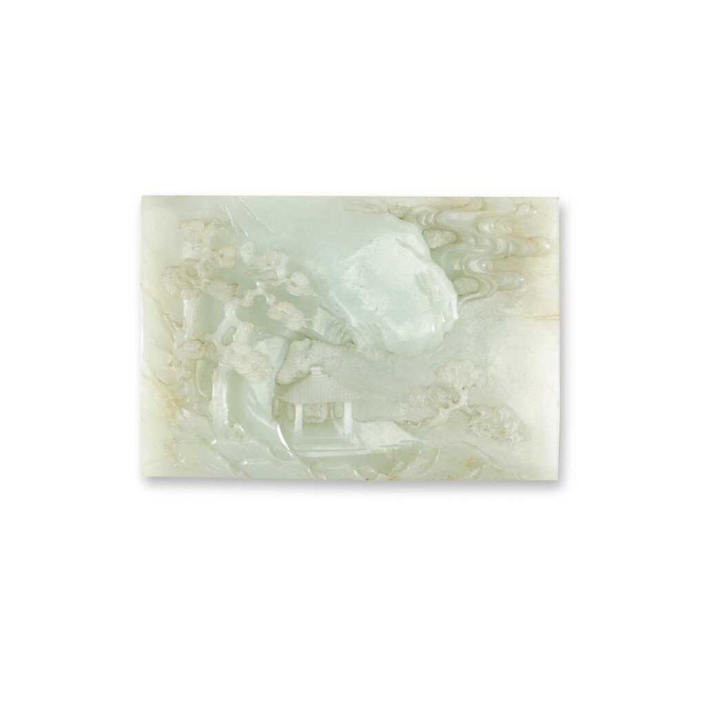 View full screen - View 1 of Lot 22. An imperially inscribed white jade screen, Qing dynasty, Qianlong period | 清乾隆 白玉「松崖苔磴」御製詩插屏.