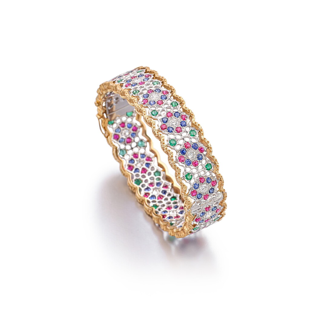 View full screen - View 1 of Lot 2749. Ruby, Emerald, Sapphire and Diamond Bangle-Bracelet | 馬里奧 布契拉提 | 紅寶石,祖母綠,藍寶石配 鑽石 手鐲.