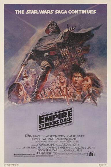 View full screen - View 1 of Lot 62. THE EMPIRE STRIKES BACK, STYLE B, PURPLE VARIANT BACKGROUND POSTER, TOM JUNG, 1980 .