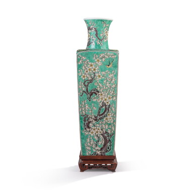 View full screen - View 1 of Lot 728. A famille-verte 'birds and prunus' square vase, Late Qing dynasty / Republican period.