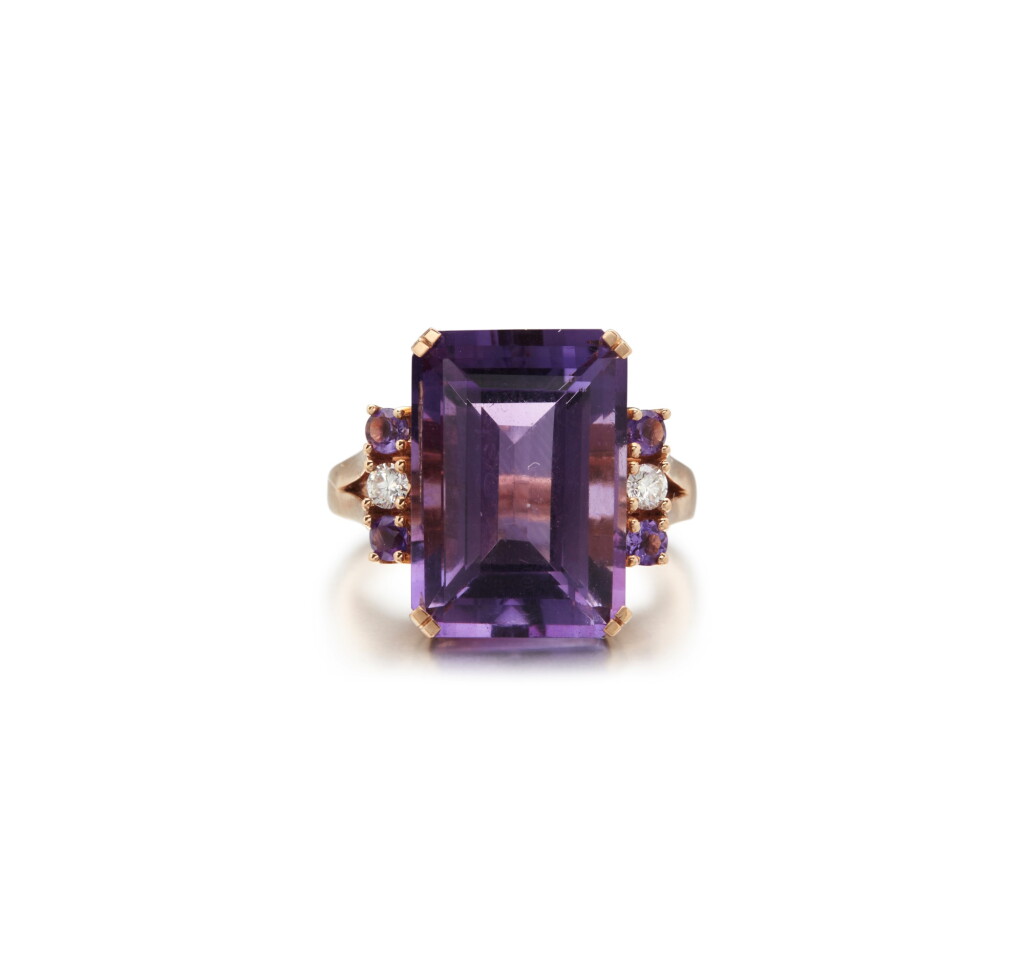 View full screen - View 1 of Lot 10. AMETHYST AND DIAMOND RING.