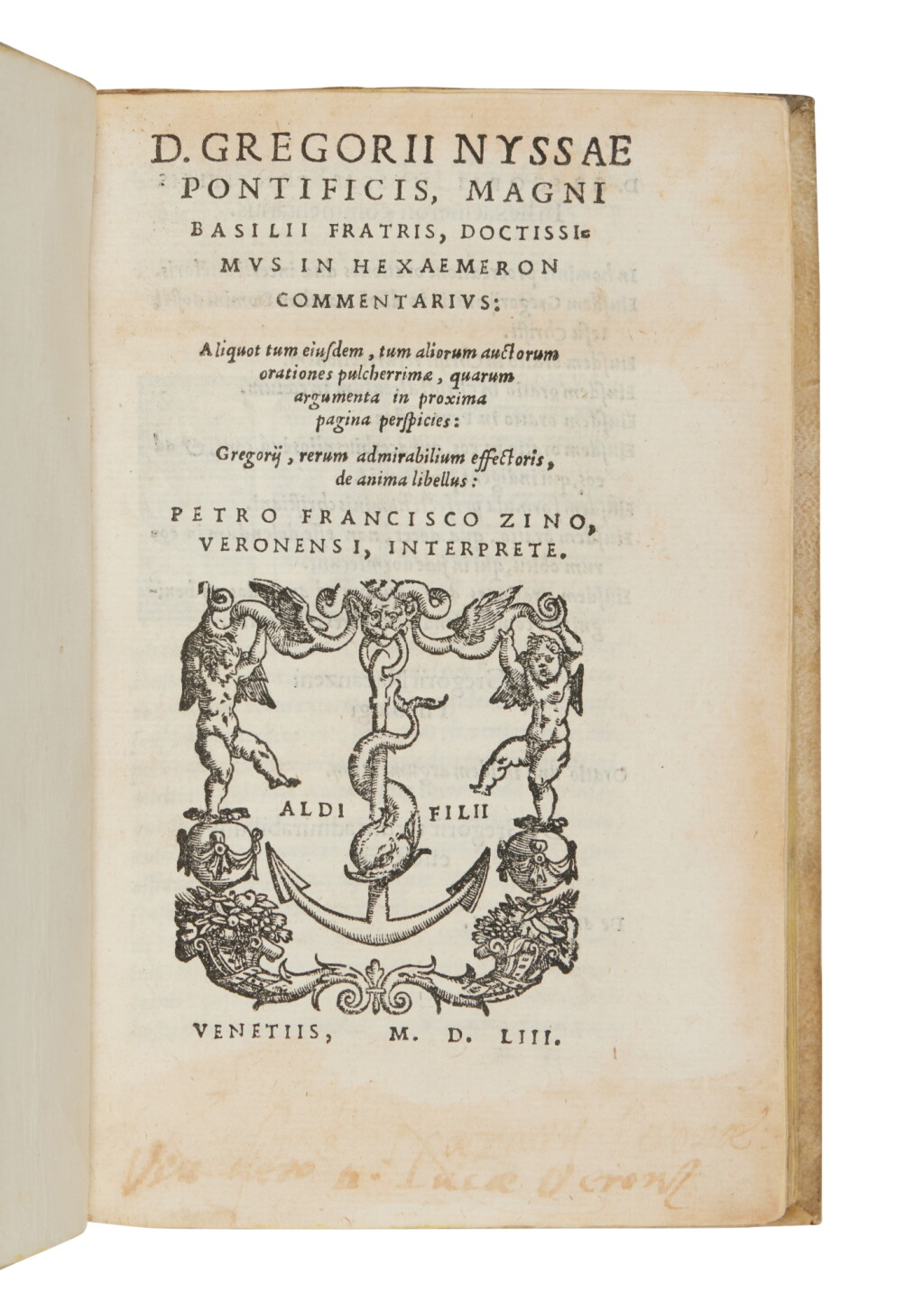 View full screen - View 1 of Lot 759. Gregorius Nyssenus, Doctissimus in hexaemeron commentarius, Venice, Sons of Aldo, 1553, eighteenth-century vellum.