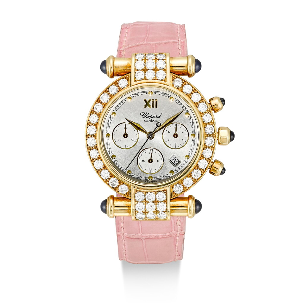 View full screen - View 1 of Lot 176. CHOPARD | IMPERIALE, A YELLOW GOLD, DIAMOND AND SAPPHIRE-SET CHRONOGRAPH WRISTWATCH, CIRCA 2000.