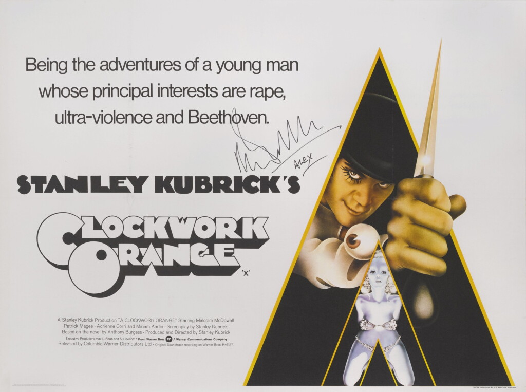 View full screen - View 1 of Lot 35. A CLOCKWORK ORANGE (1971) POSTER, BRITISH, SIGNED BY MALCOLM MCDOWELL.