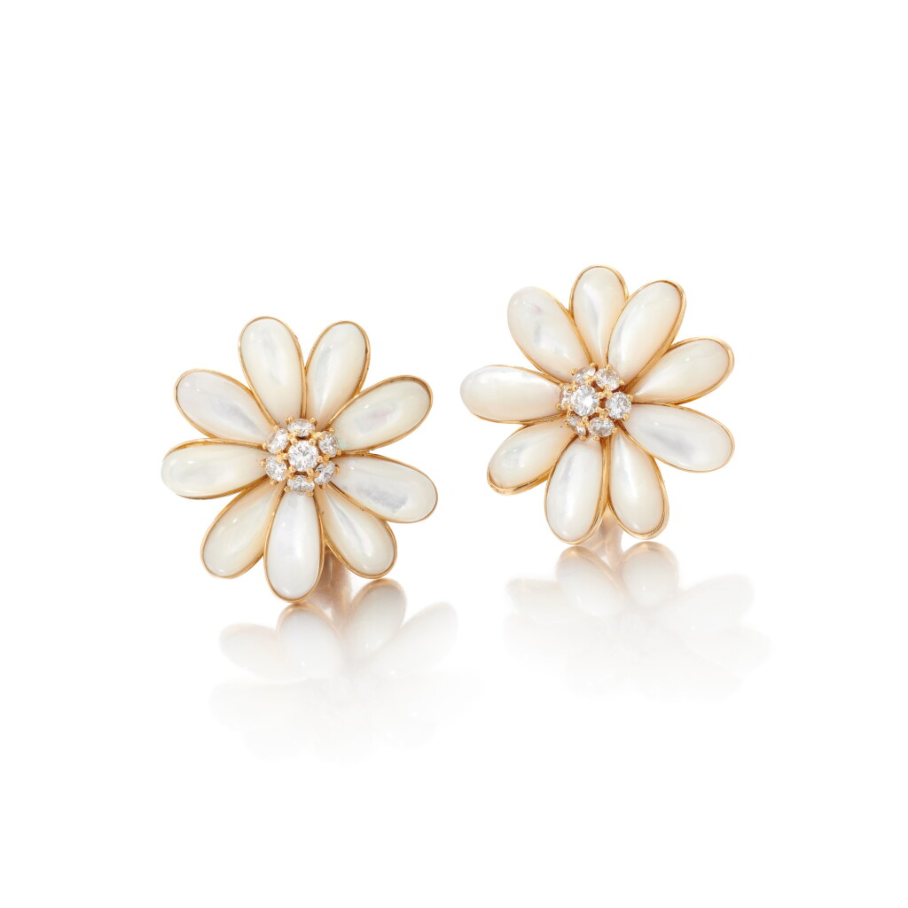 View full screen - View 1 of Lot 141. VAN CLEEF & ARPELS | PAIR OF MOTHER-OF-PEARL AND DIAMOND EARRINGS (PAIO DI ORECCHINI IN MADREPERLA E DIAMANTI).