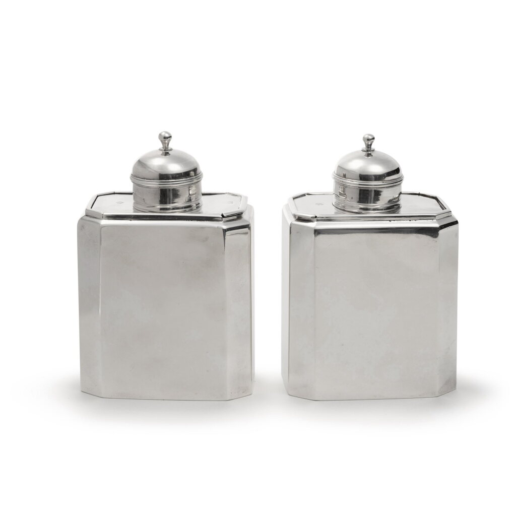View full screen - View 1 of Lot 19. A Pair of Large George I Silver Tea Caddies, John Farnell, London, 1718, Britannia Standard.