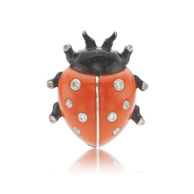 View full screen - View 1 of Lot 793. Coral, lacquer and diamond brooch, ‘Coccinelle’, mid-20th century.